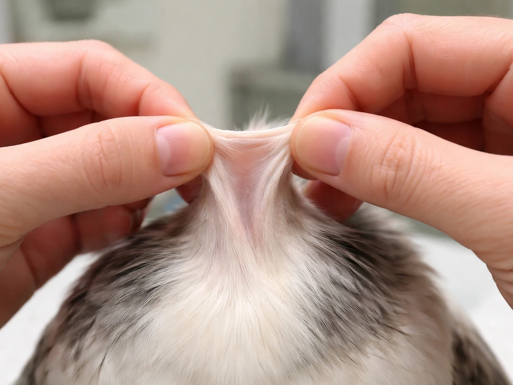 Two hands gently pinch and release a bird’s upper breast skin to test spring-back