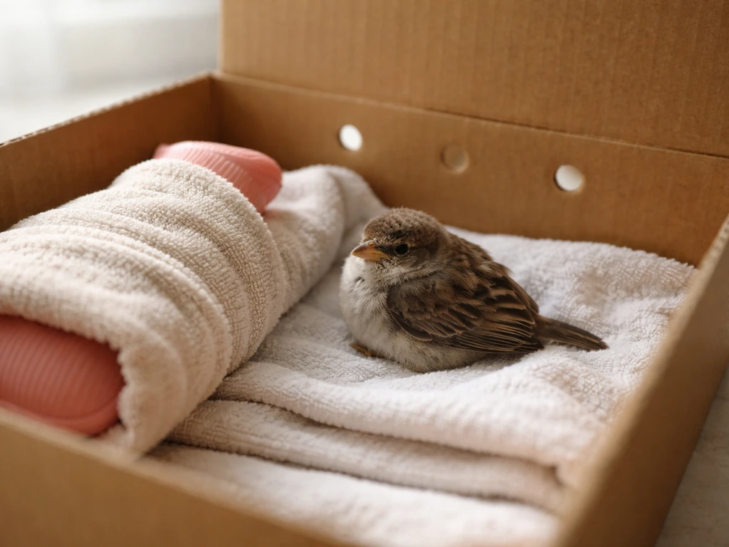 Rescued wild bird resting in a ventilated box with warm water bottle wrapped in a towel
