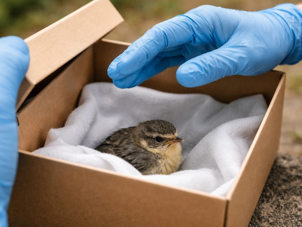 Nitrile-gloved hands preparing to gently place a cold wild bird into a shoebox outdoors