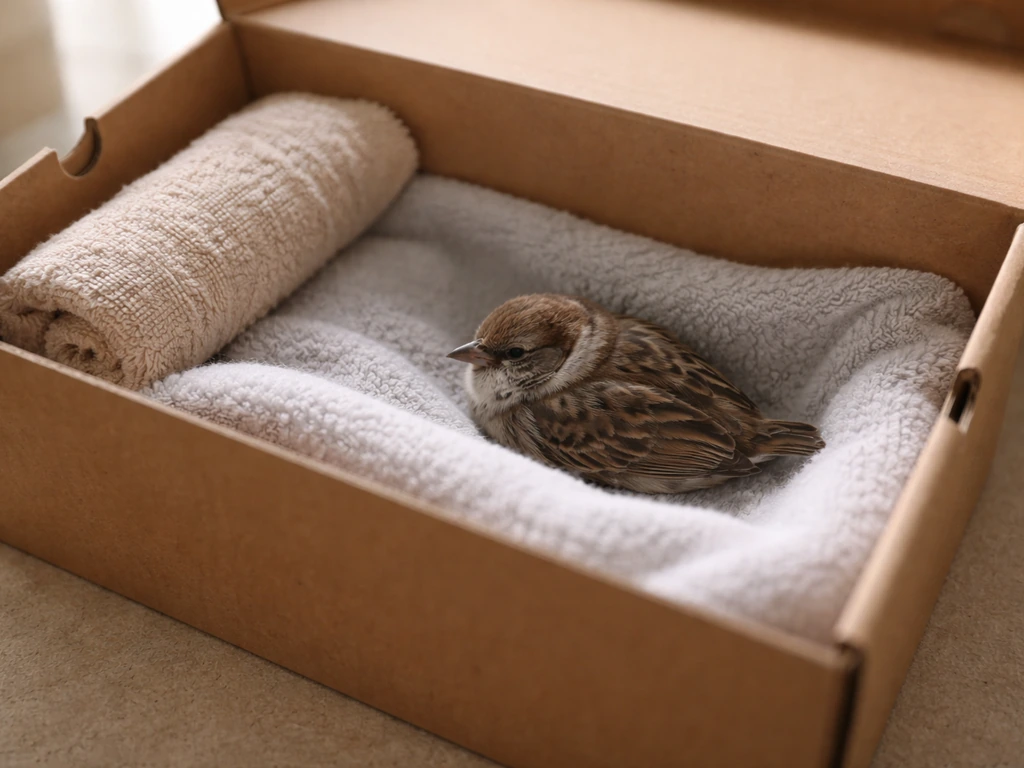Chilled bird resting on cloth inside a lidded shoebox warming setup with no direct heat contact