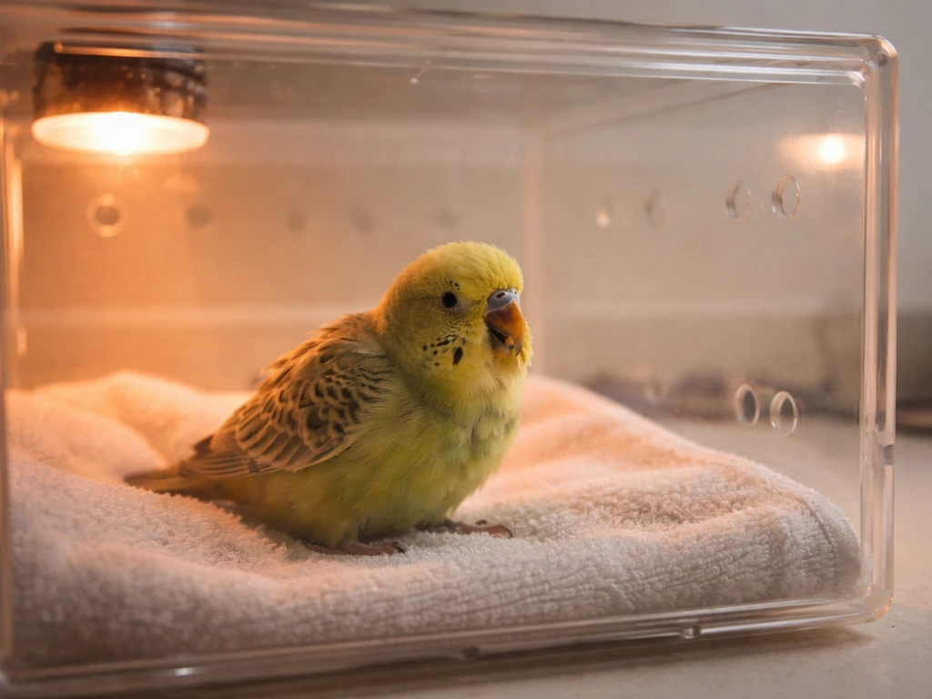 A small bird in a warming box, beak slightly open, showing distress as if needing urgent help.