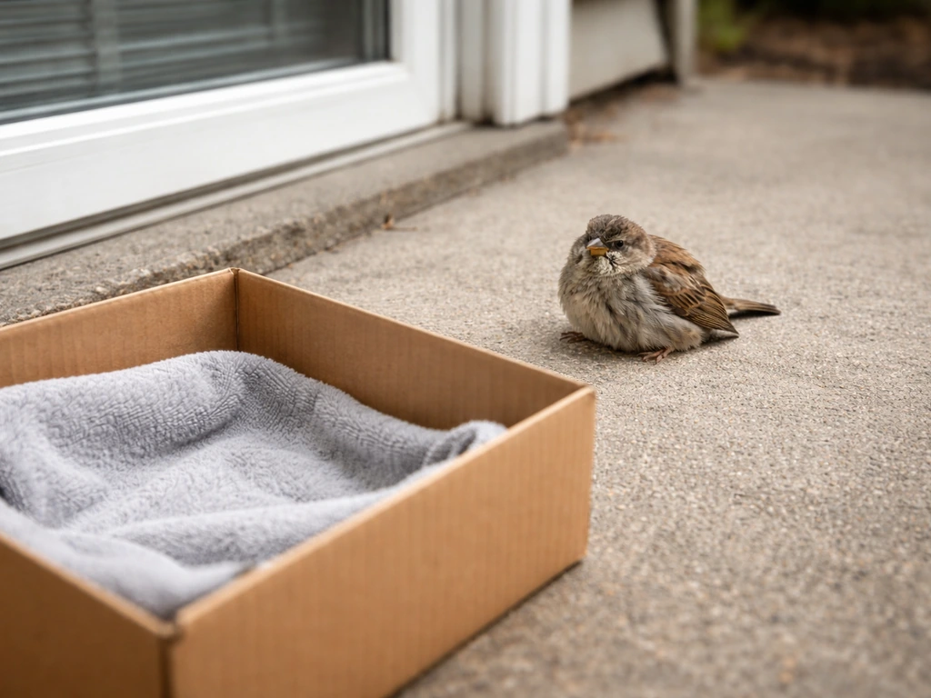 A small bird sits dazed on the ground beside a window, with a nearby cardboard box for safe recovery.