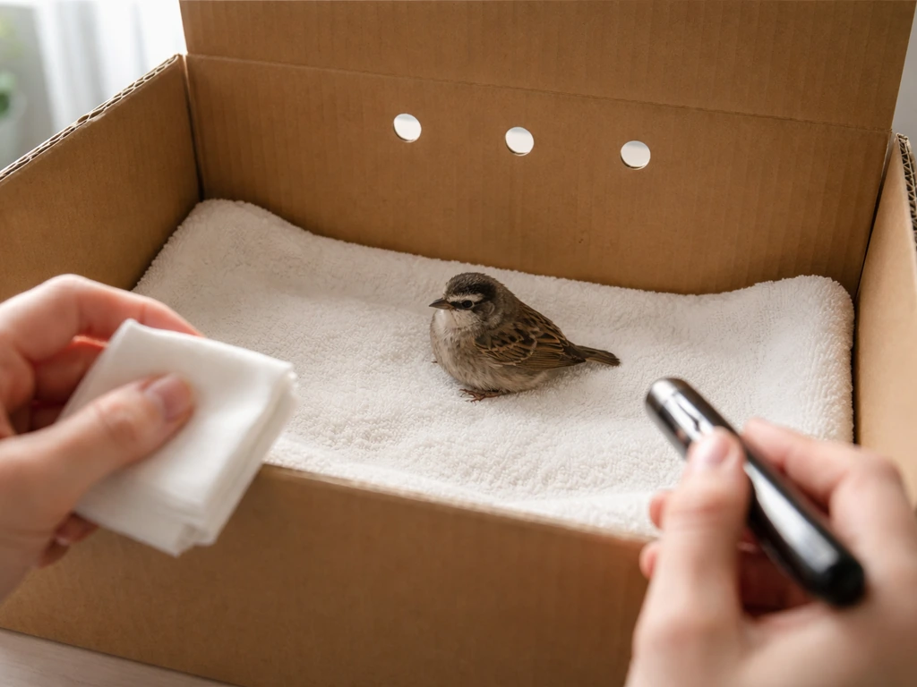 Rescued small bird resting in a ventilated box while a caregiver prepares to assess its wing.