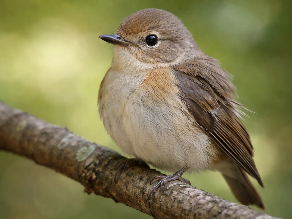 Calm small bird perched on a branch with slightly ruffled wing feathers and no visible open wound.