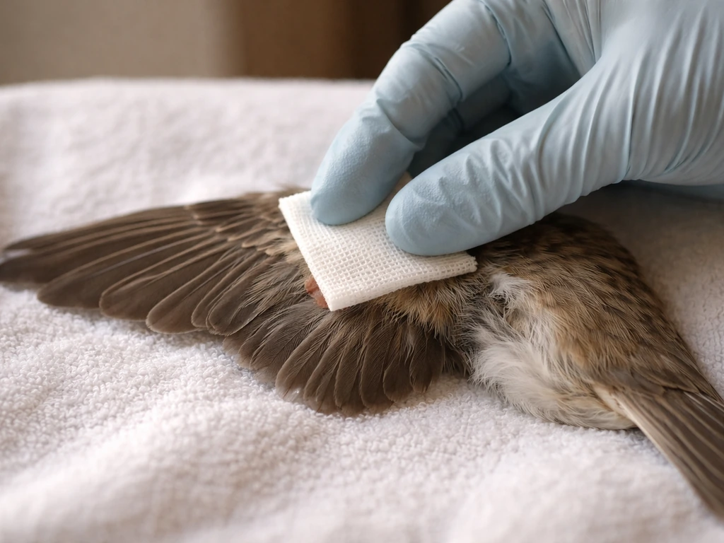 Close-up of gauze gently pressed over a small bird wing wound on a clean towel.