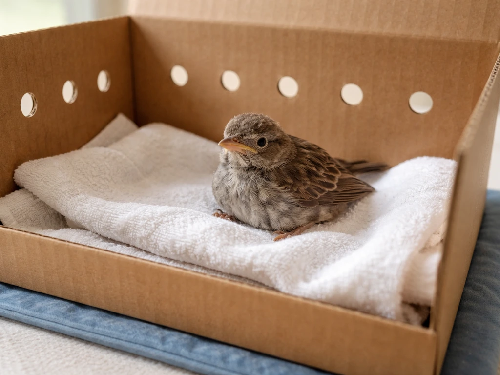 Small bird resting in a breathable cardboard box lined with soft cloth on a heating pad.