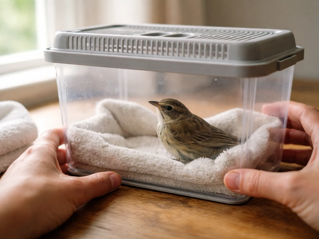 A small bird gently contained in a ventilated box with soft lining while a person prepares to check it