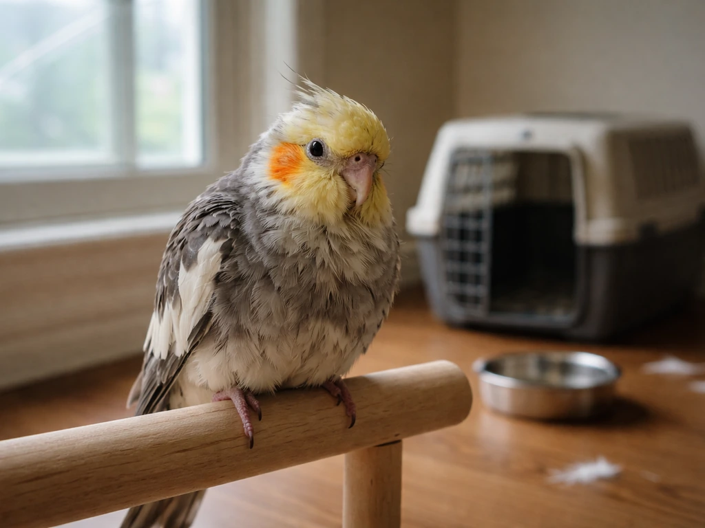 Close-up of a small pet bird on a simple perch beside household hazards, suggesting shock or stress triage.
