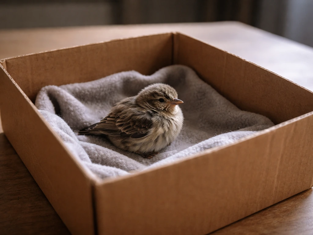 In a quiet dim room, a small injured bird rests in a dark box while someone waits nearby.