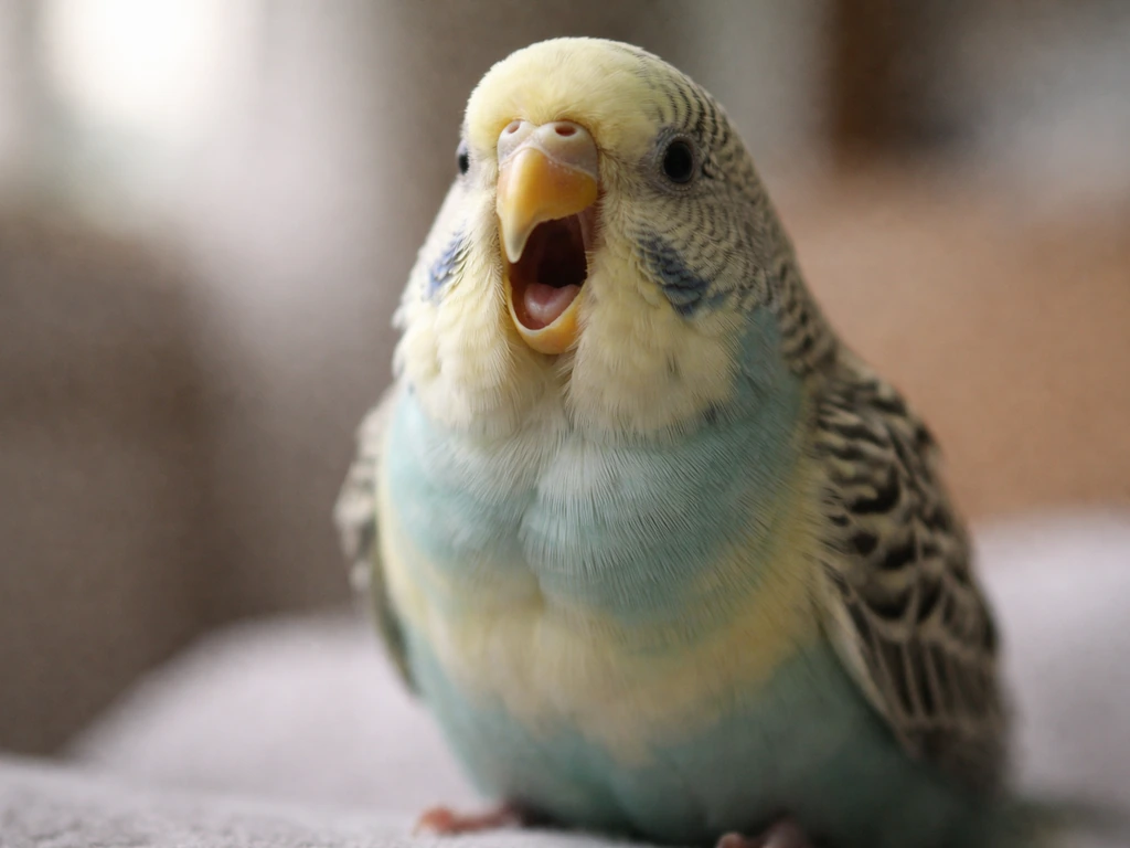 Close-up of a small bird showing open-mouth breathing in a calm indoor setting.