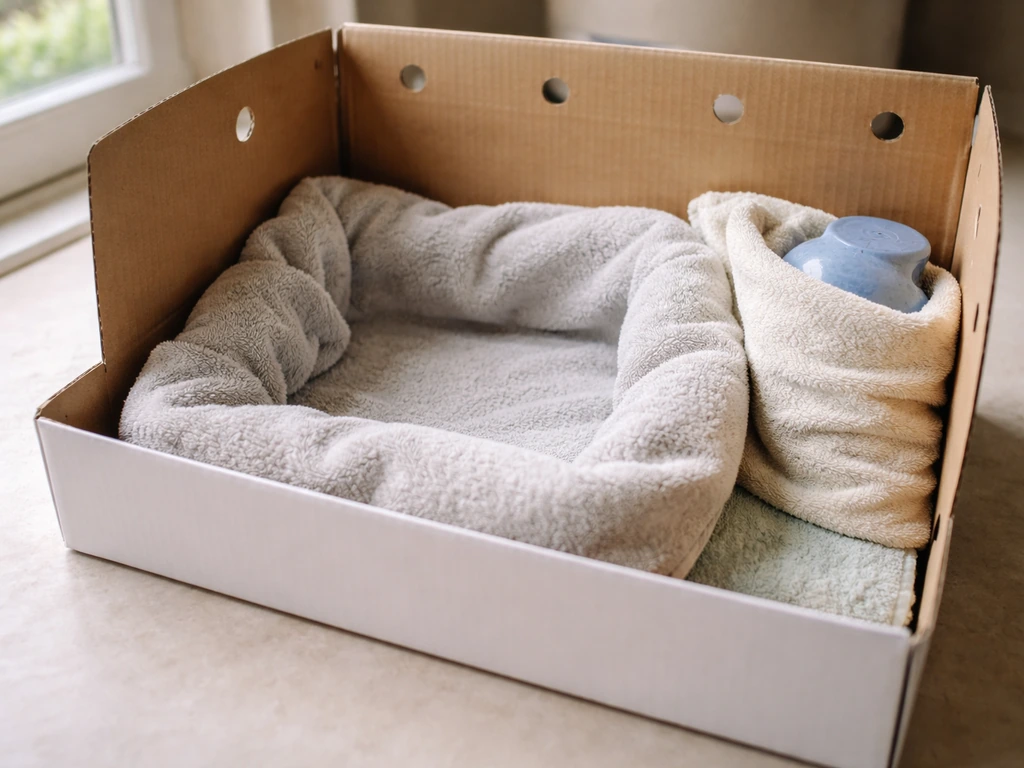 Warm recovery box with towel-lined container for an injured wild bird, ready for safe first aid
