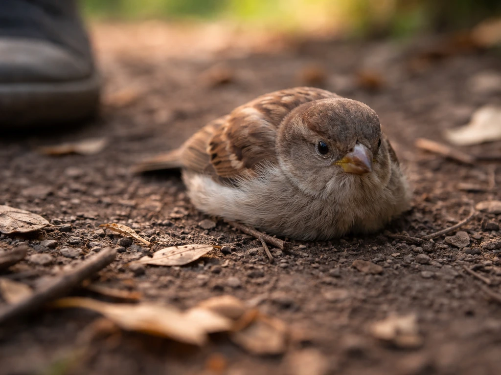 Wild small bird lying on the ground, alert but not trying to hop or fly away, close ground-level view.
