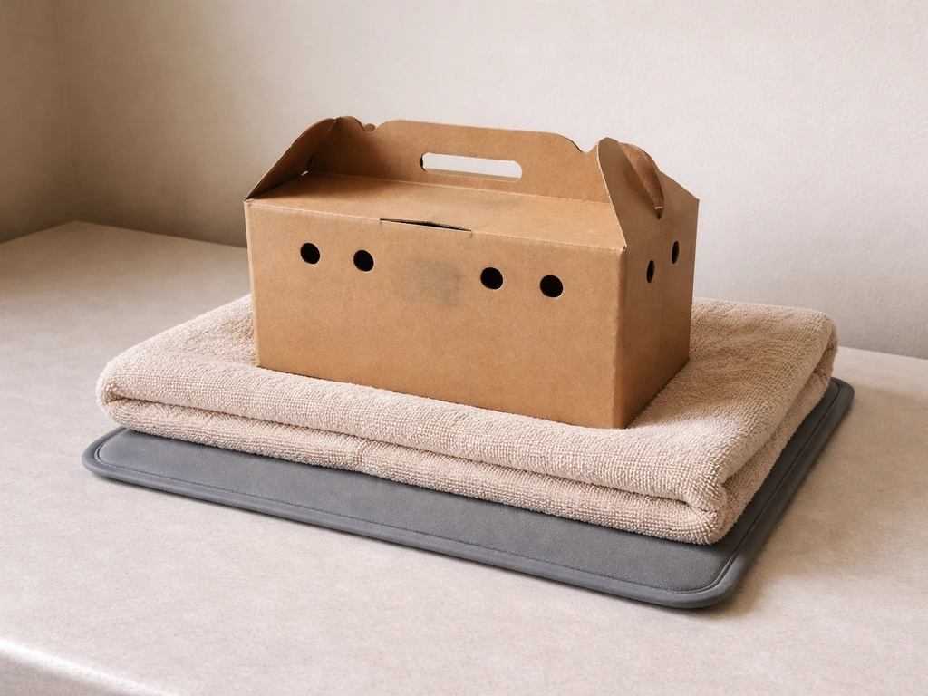 Small pet bird box resting on a folded towel atop a low heating pad in a quiet room.