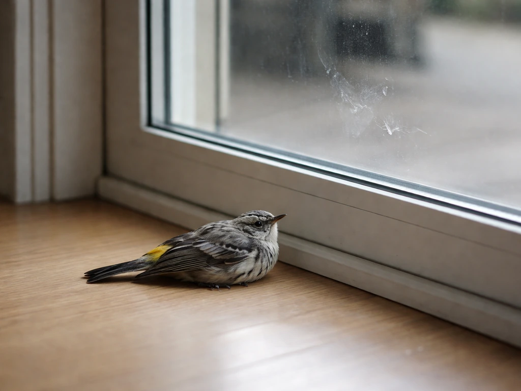 A small bird on a reflective window ledge with faint glass contact marks, showing a window-strike scenario.