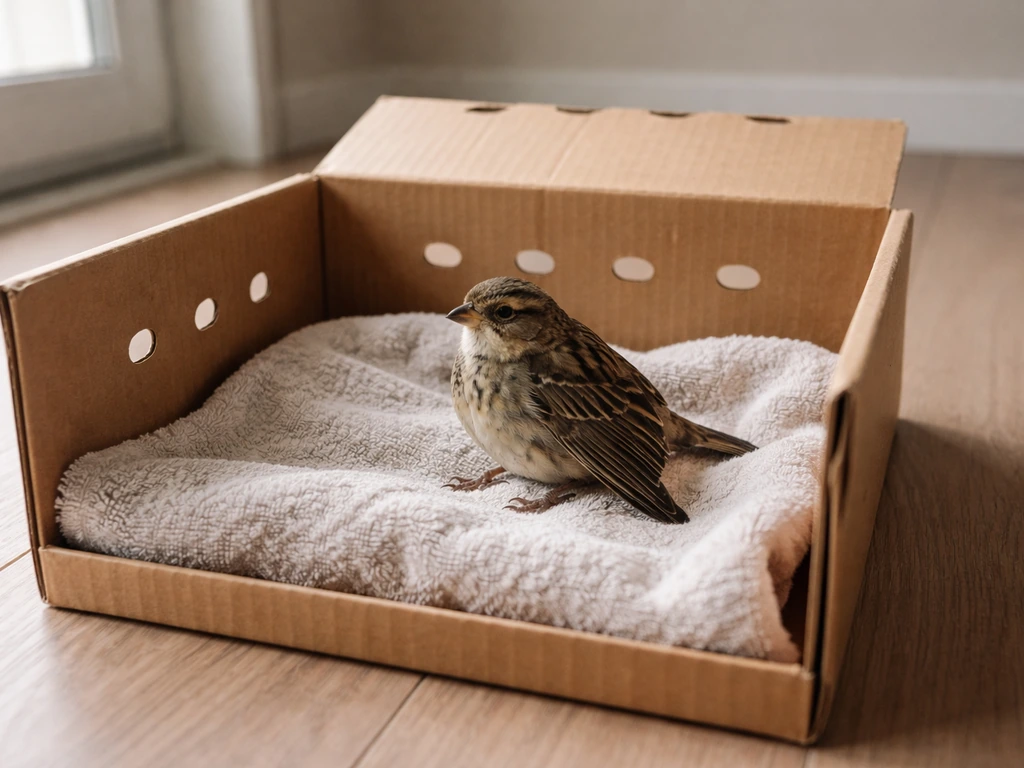 Small wild bird resting on a towel inside a ventilated cardboard box, one wing drooping as if broken.