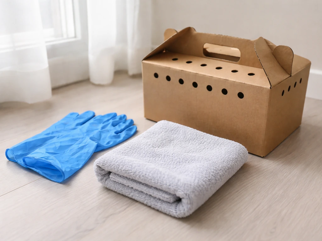 Gloves and towel laid out beside a small cardboard carrier, ready for safe handling before touching a bird.
