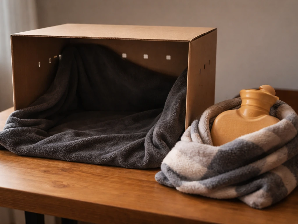 Cardboard box with ventilation holes and a warm water bottle wrapped in cloth for containing a wild bird