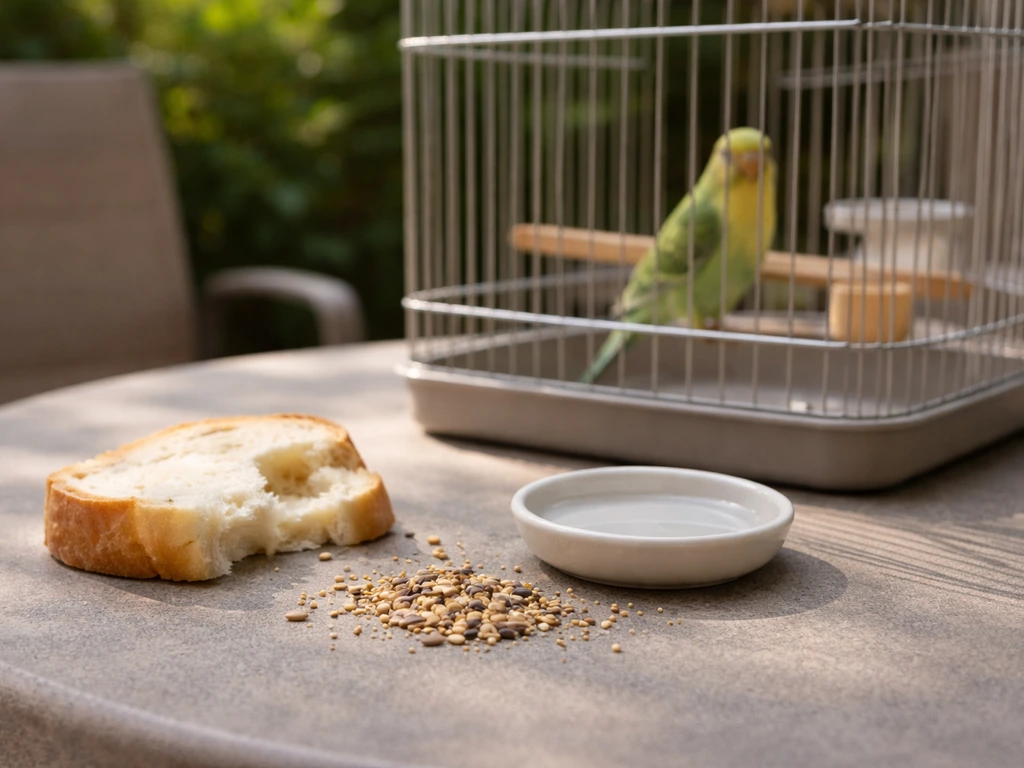 A small cage with a bird inside, while bread, loose seeds, and an empty water dish sit outside on a table.