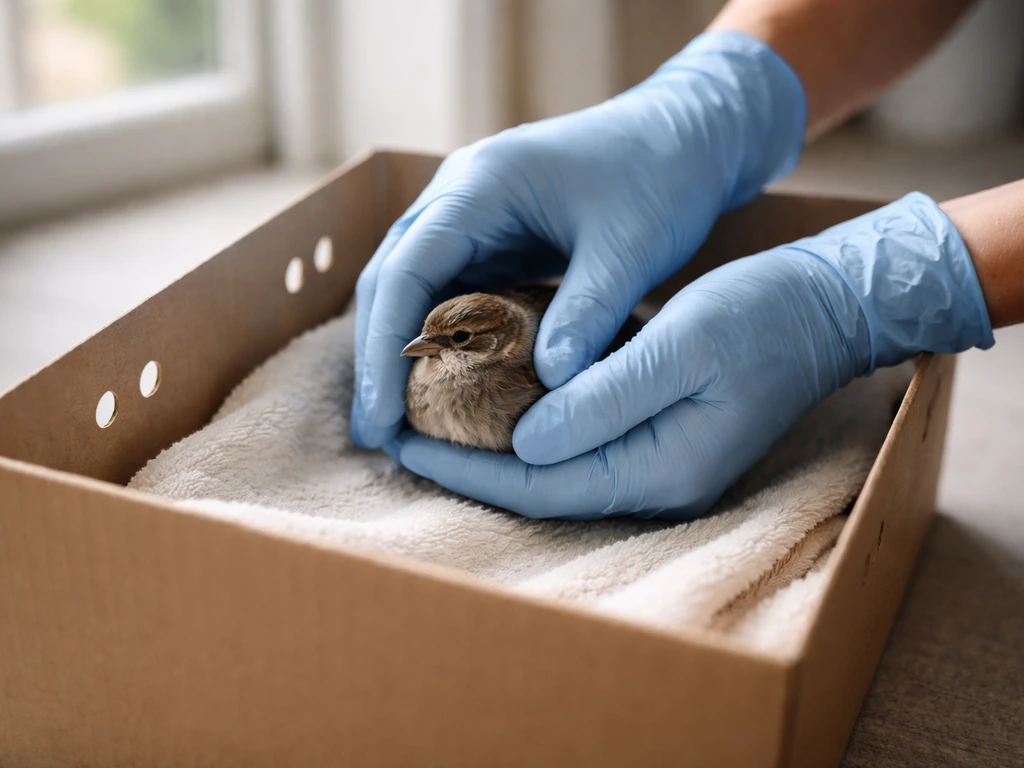 Gloved hands gently placing an injured bird into a small ventilated cardboard box, non-graphic emergency care scene.