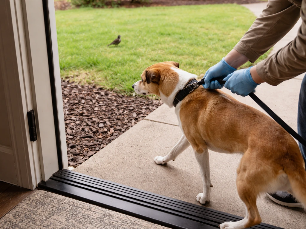 Person in gloves leashes a dog at the doorstep while a bird stays outside safely