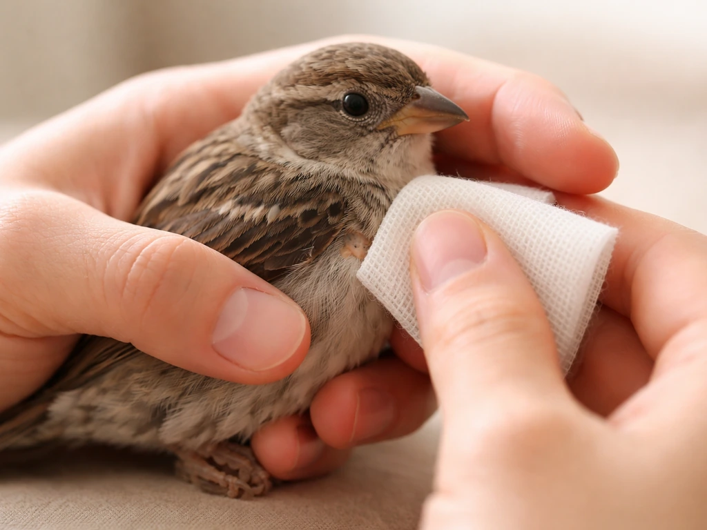 Person gently holding clean gauze with steady pressure on a bird’s small bite puncture wound.