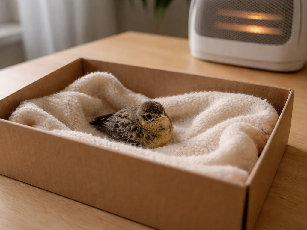 A small bird resting in a warm recovery box with no food or water offered, undisturbed.