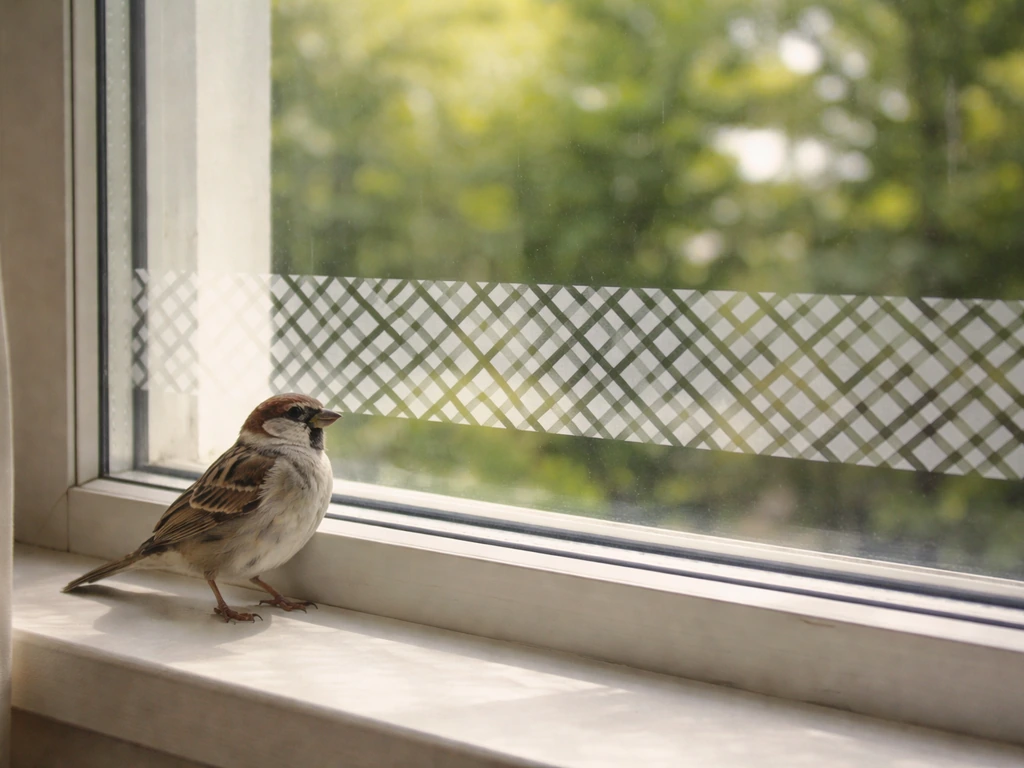 Small bird on a windowsill beside a glass window with a visible prevention tape pattern