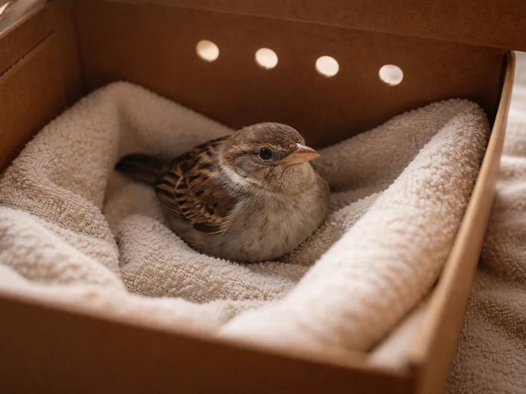 Calm bird resting in a ventilated cloth-lined cardboard carrier for immediate first aid stabilization