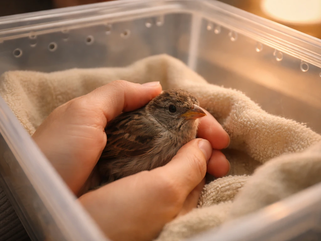 Rescuer holding a small injured bird in a warm ventilated rescue container for urgent care