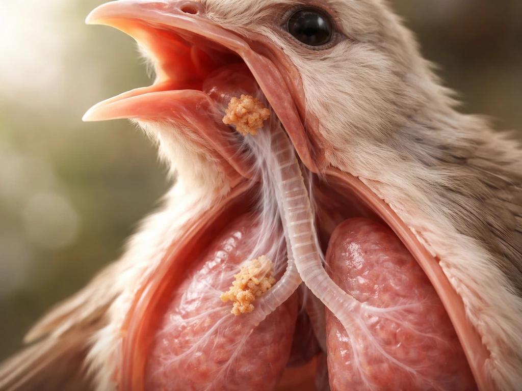 Macro view of a bird’s airway with foreign material inhaled into the trachea toward the lungs.
