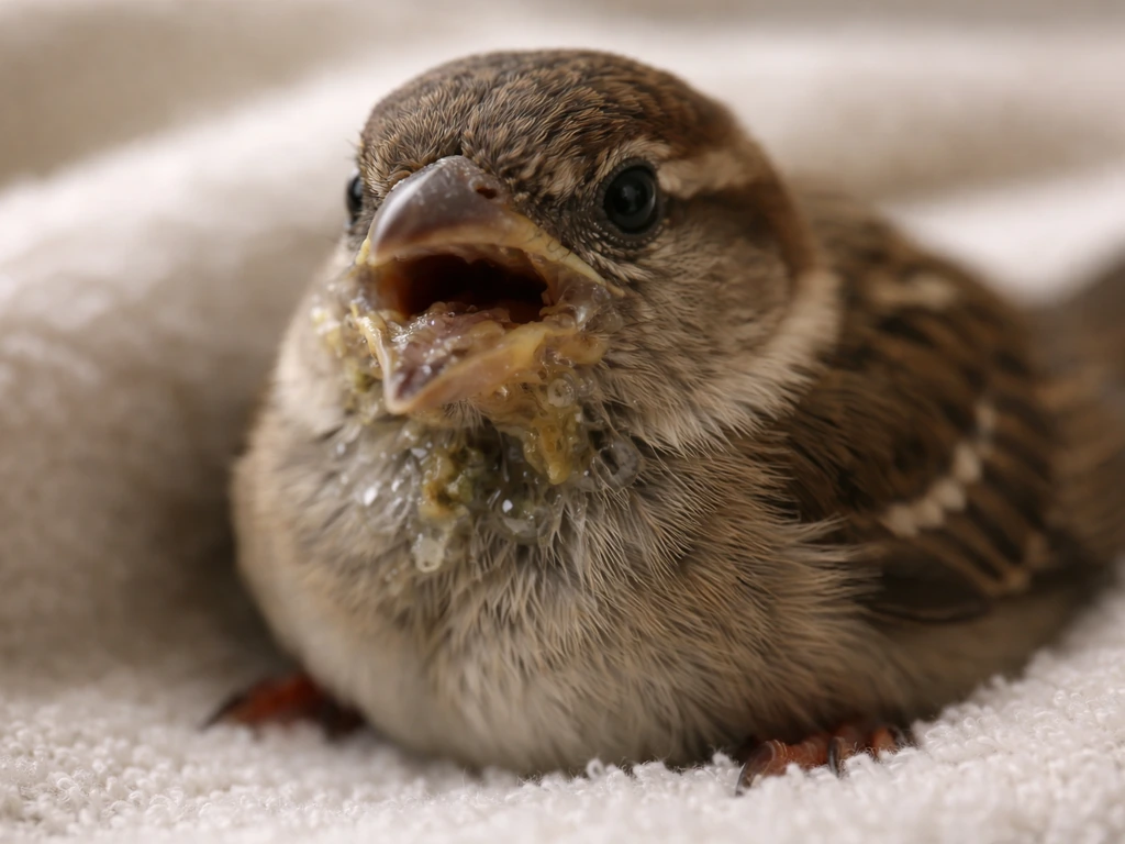 Close-up of a small bird with wet gurgling aspiration signs after feeding, showing material in the beak.