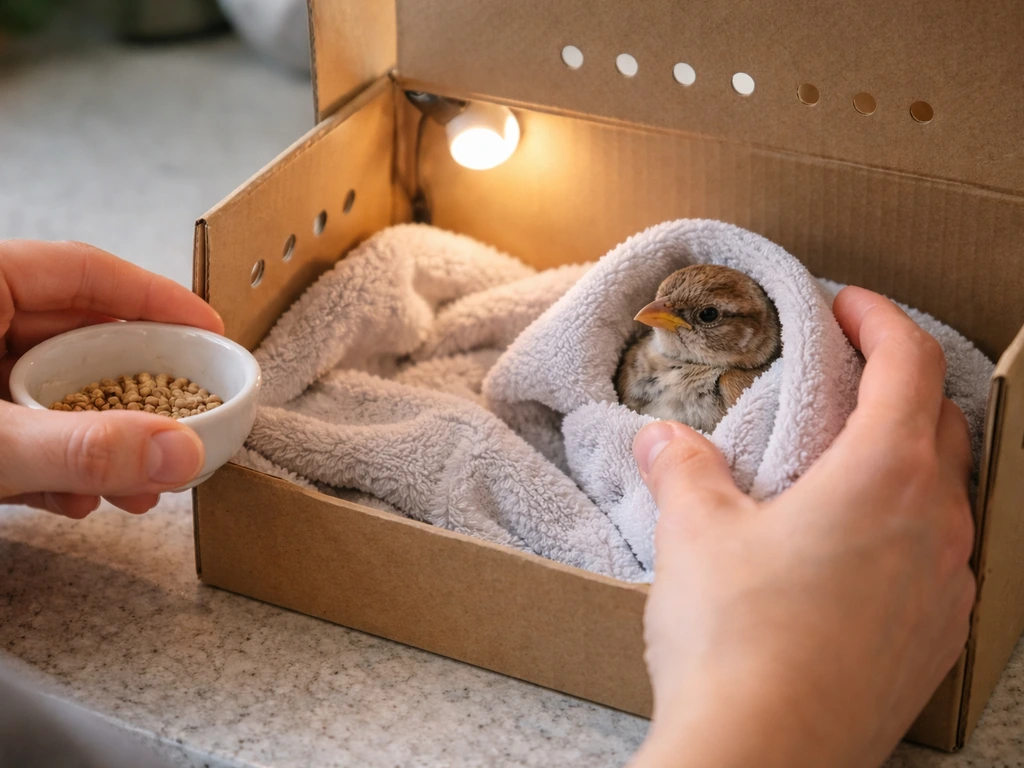 Caregiver’s hands stopping bird feeding and keeping it warm in a lined carrier, ready for first aid.