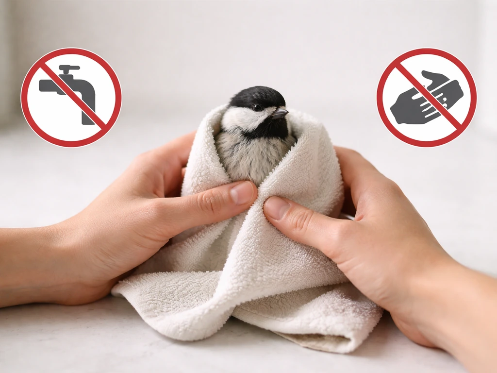 Graphic-style photo showing a person holding a small bird upright while avoiding unsafe actions