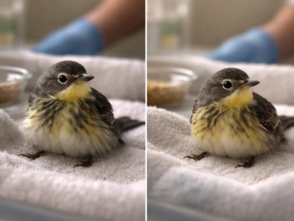 Close-up of a small injured bird in a quiet vet recovery setting, calm after treatment vs worsened breathing