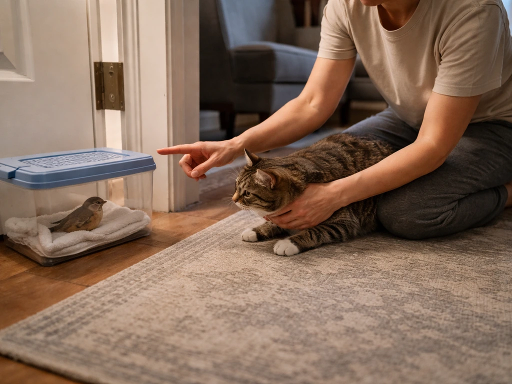 Homeowner gently separates a calm cat from a small wild bird indoors, with the bird secured out of reach.