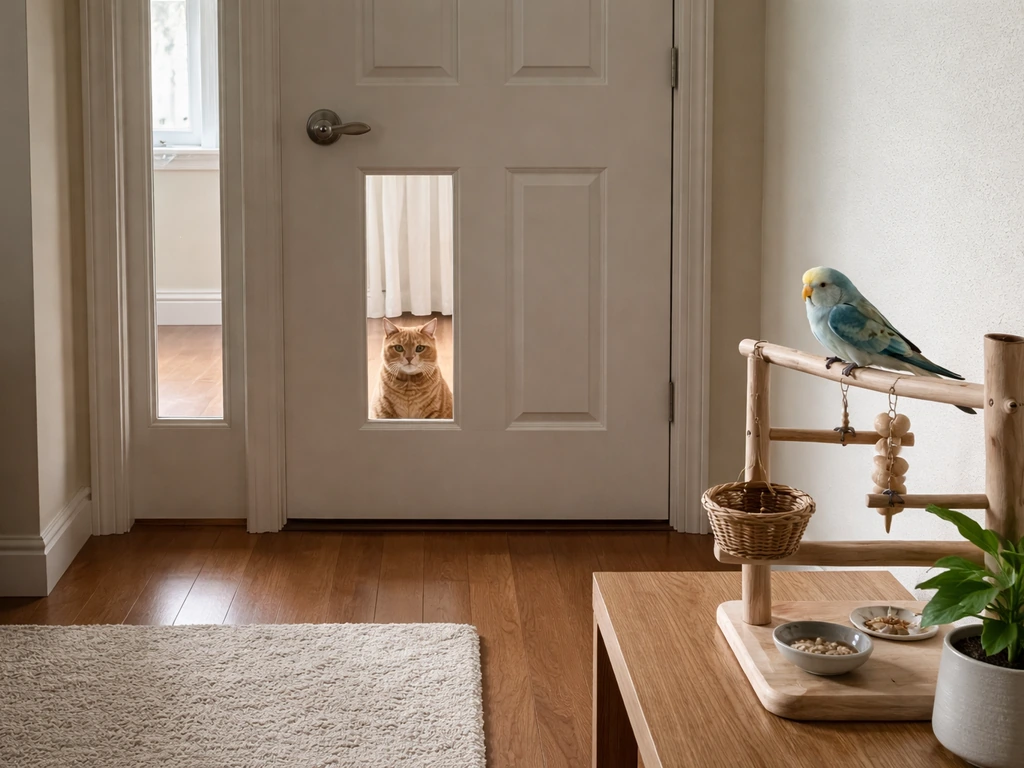Orange tabby cat in another room with door closed, bird safely out of cat reach in same home.