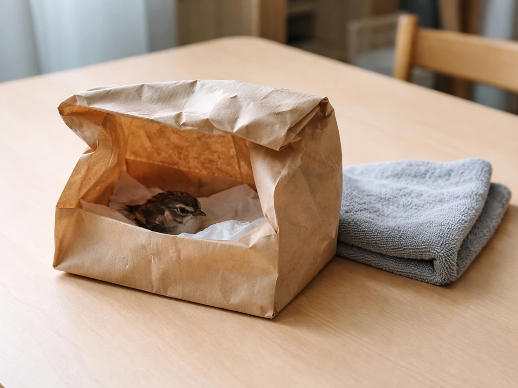 Small injured bird calm inside an unwaxed paper bag on a quiet table in natural light.