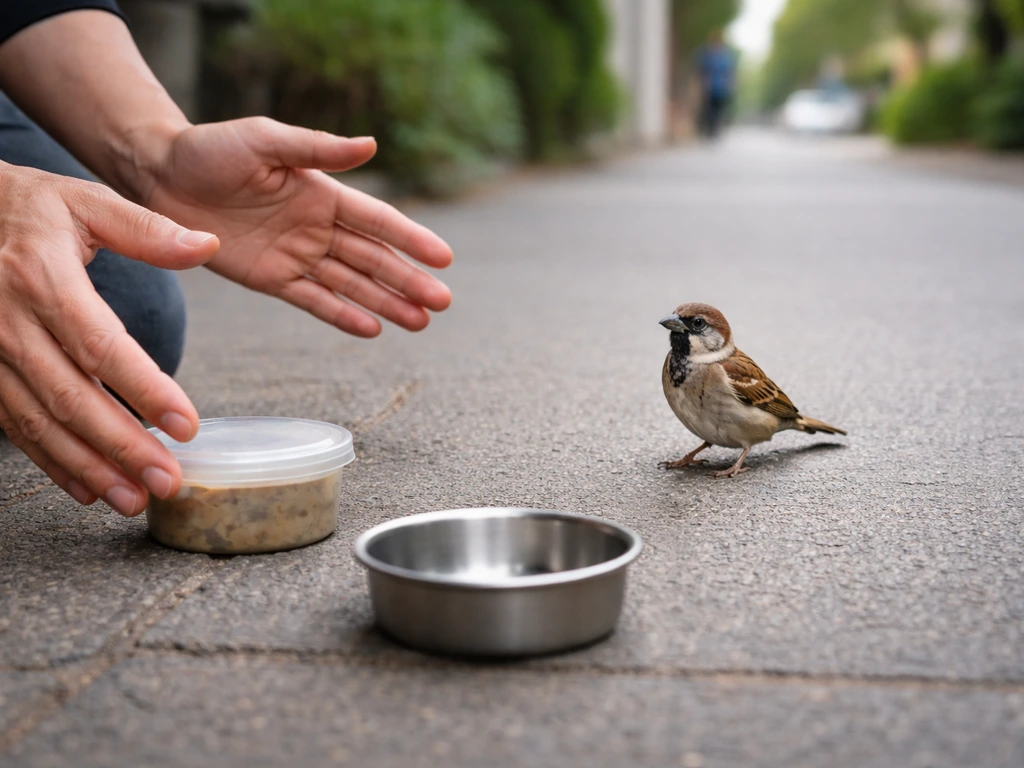 Person’s hands about to place an empty container near a small bird on a sidewalk, signaling not to feed it.