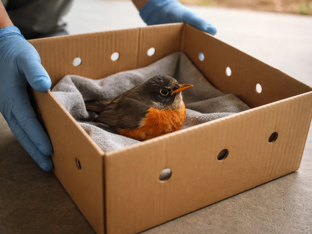 Gloved hands gently secure an injured wild bird in a ventilated box for safe transport.