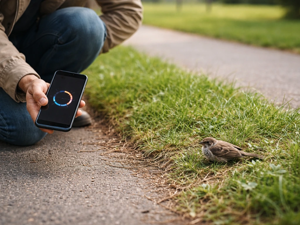 Rescuer crouches by an injured bird while checking a 60-second timer on a phone from a safe distance