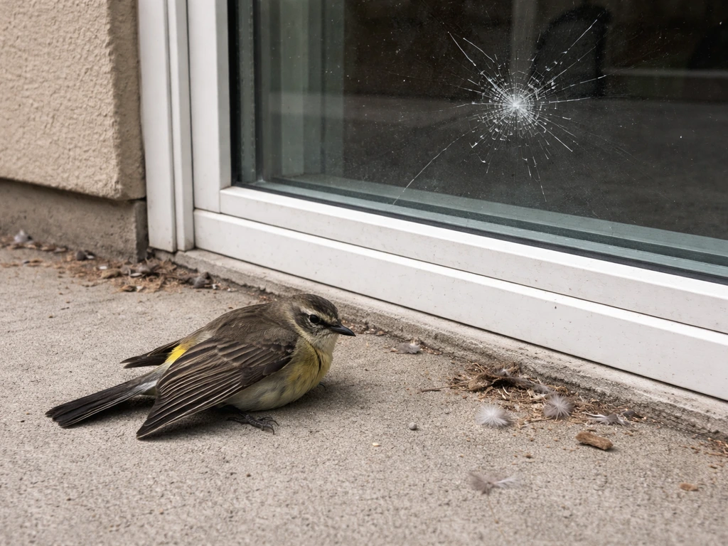 Small bird lying disoriented on the ground by a cracked window after a strike, with a few feather fragments.
