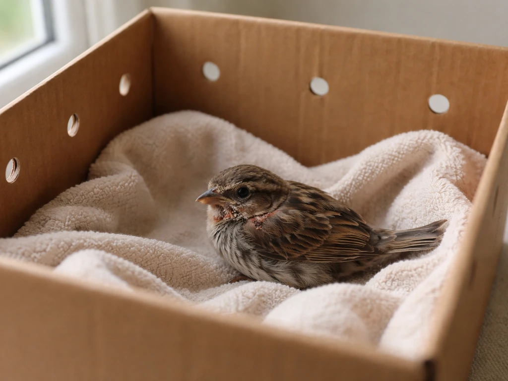 Injured bird contained in a lined cardboard box with air holes, calm and ready for wildlife help.