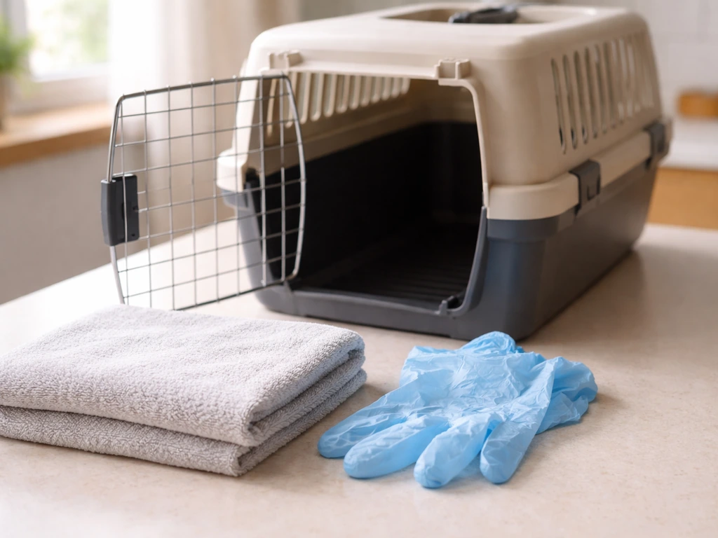 Gloves and a folded towel laid beside a ventilated transport carrier box, set for safe handling basics.