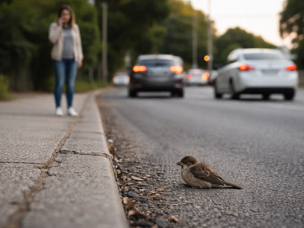 Injured bird beside a road as a bystander keeps distance and calls for emergency help.