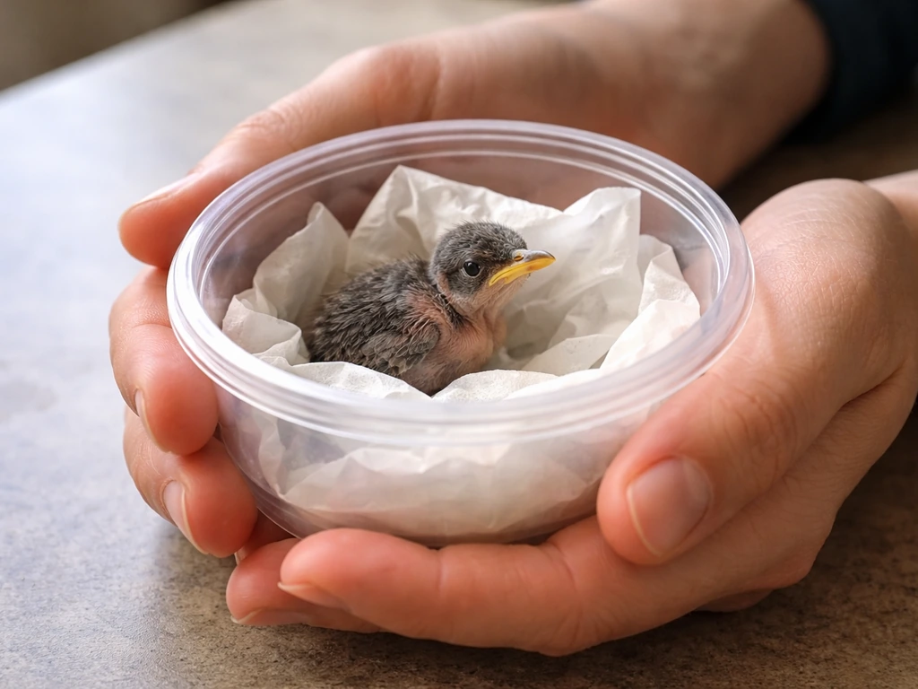 Rescuer gently holding a tiny fallen nestling bird in a small lined container indoors