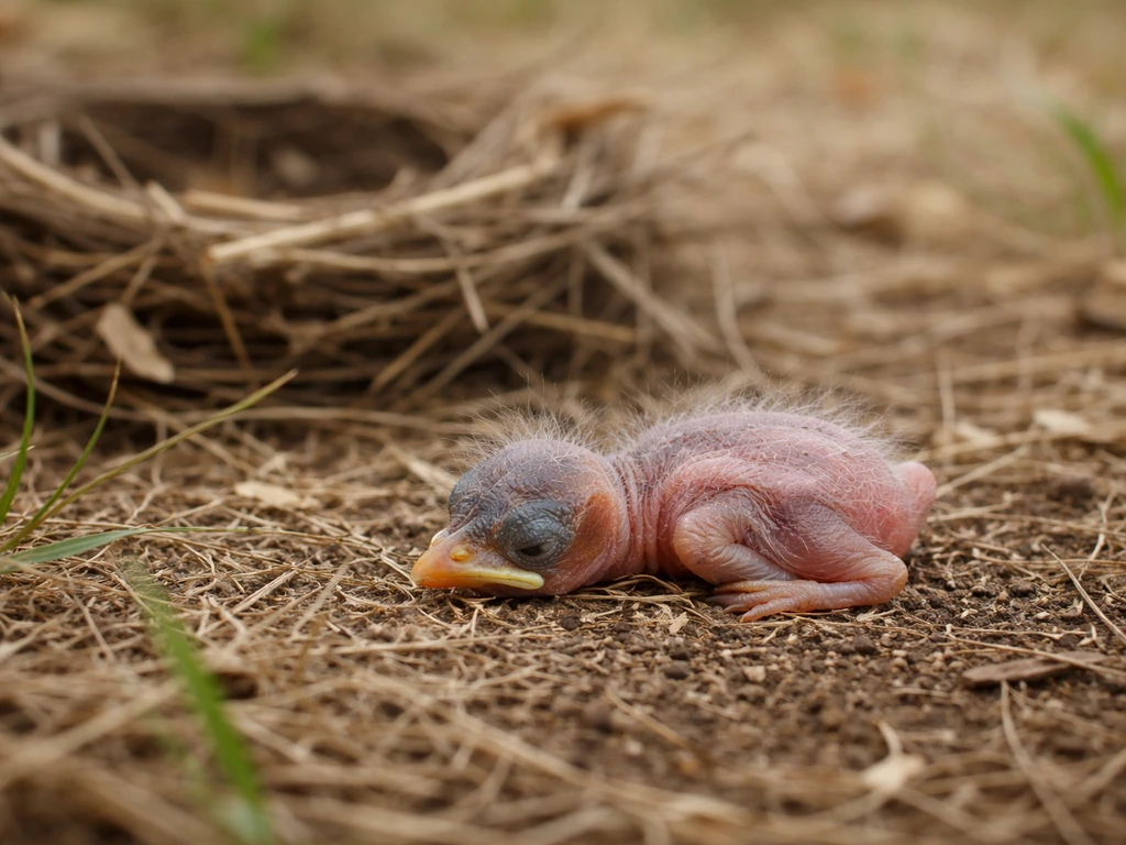 Featherless nestling bird on the ground beside a small twig-and-leaf nest