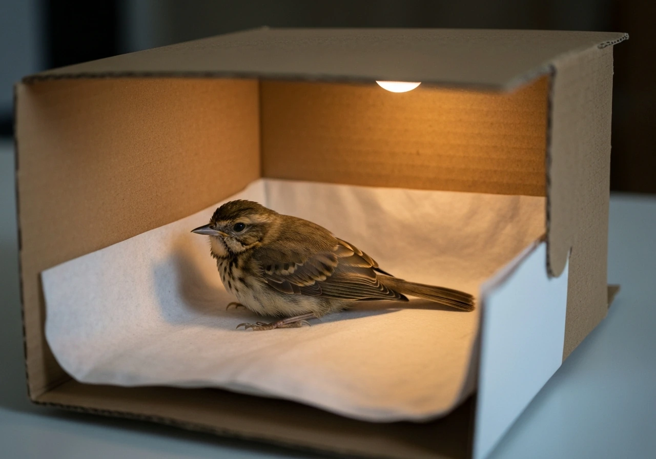Small wild bird resting in a covered box with a nearby soft warmth source for urgent care.