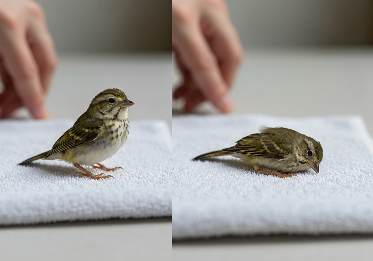 Side-by-side birds on a towel: one upright and alert, the other limp and dazed.