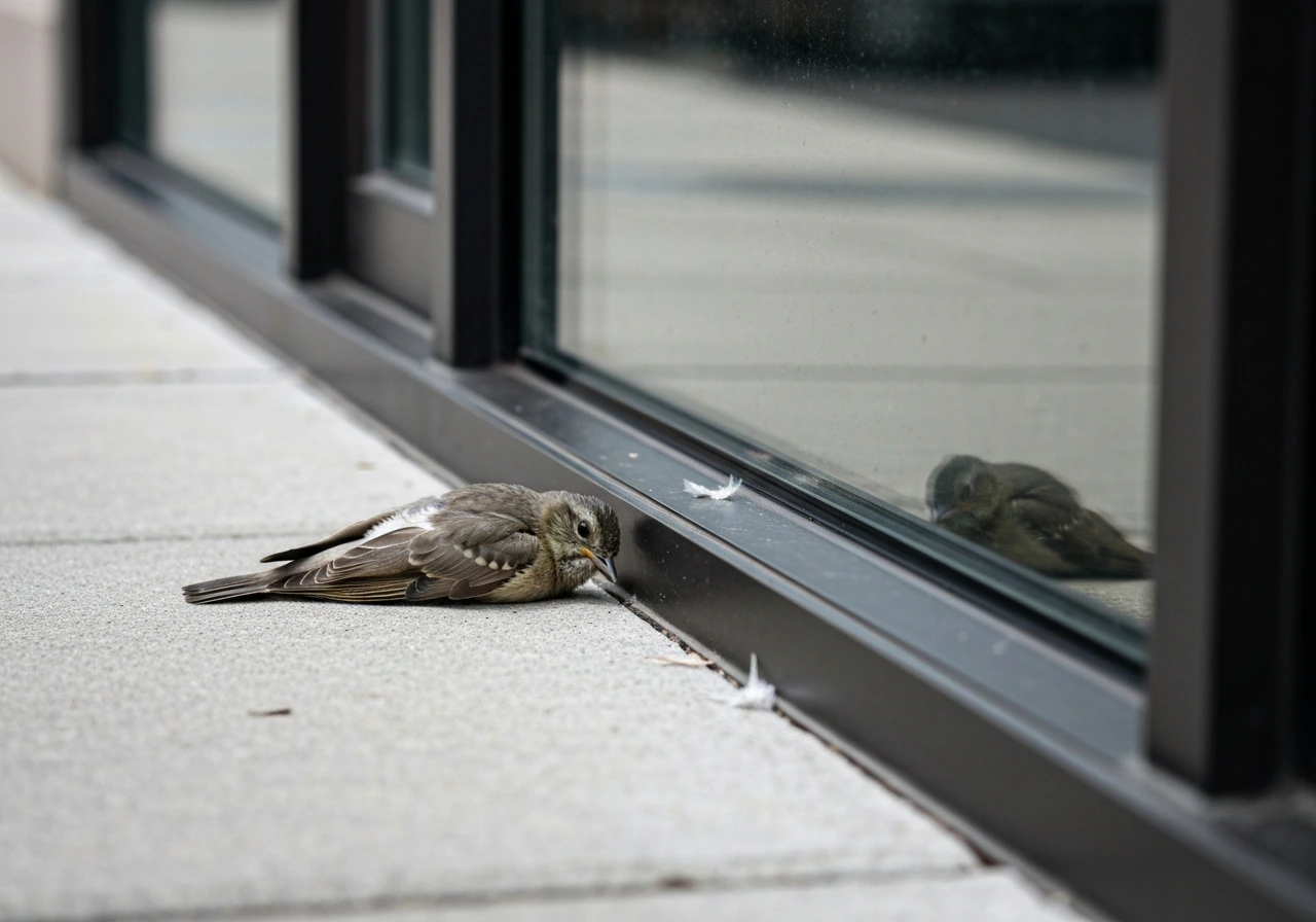 Small bird lying on the ground near a window frame with reflective glass showing a collision scenario.