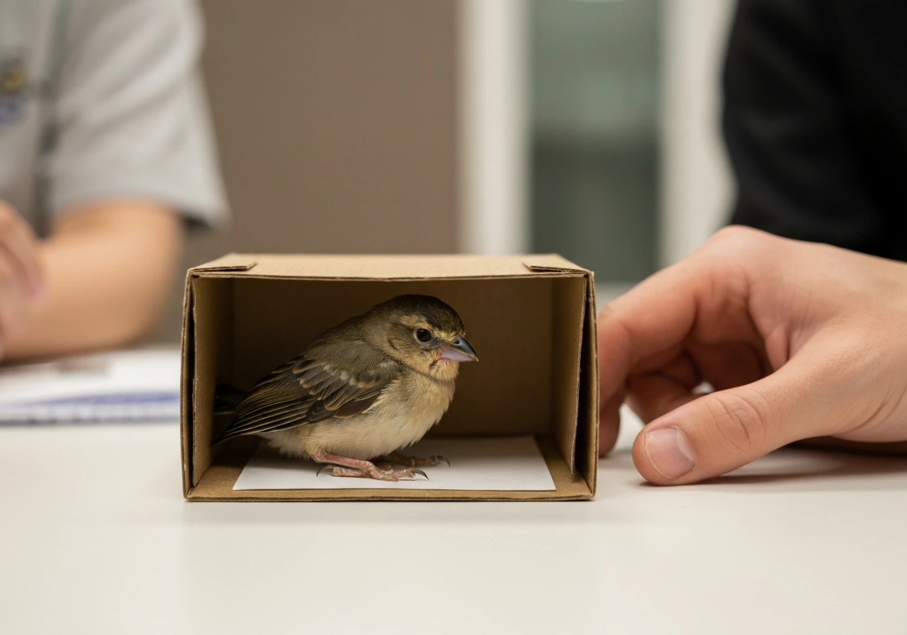 Injured small bird resting on a flat surface inside a small box, limb immobilized for emergency care.